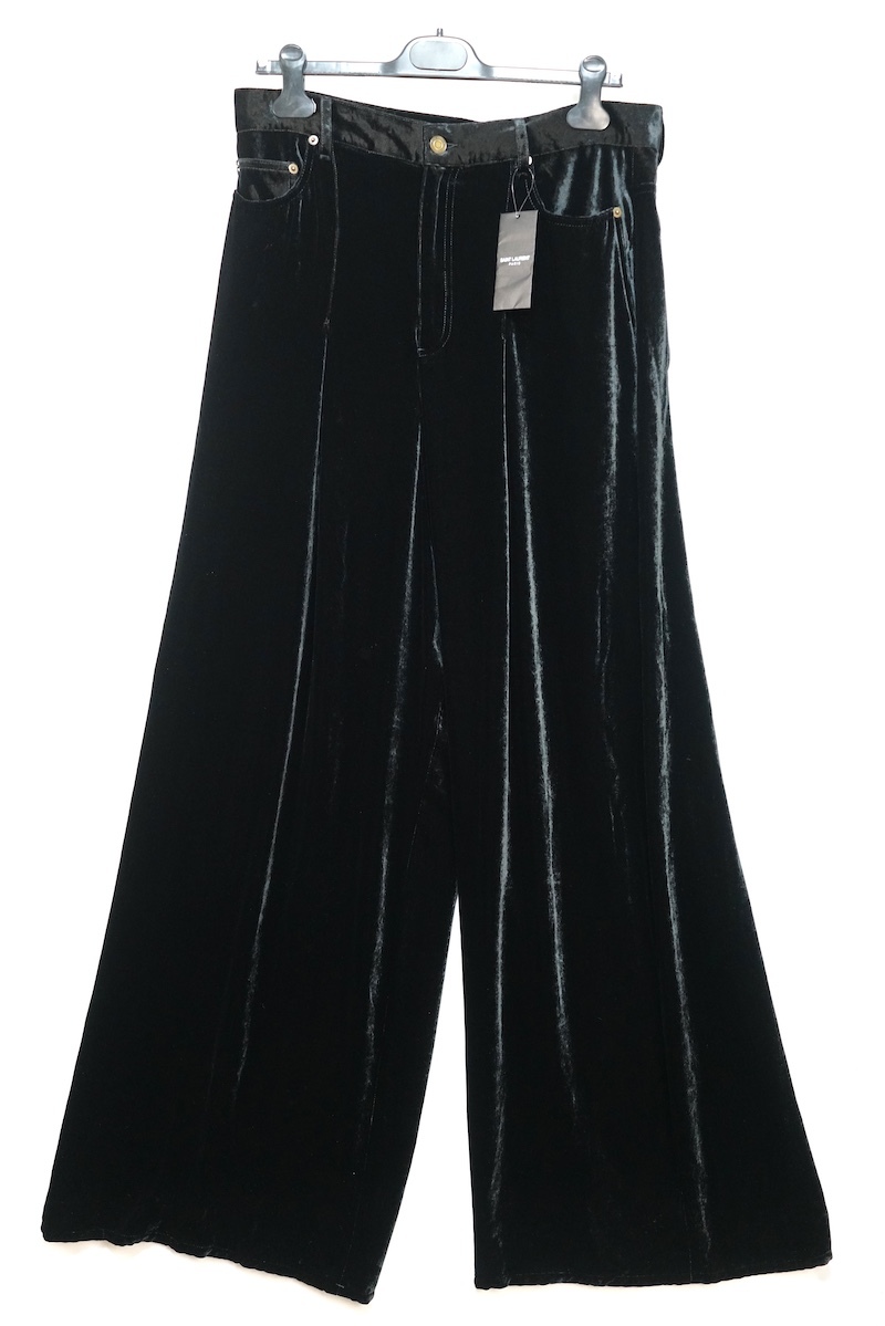 SAINT LAURENT PARIS サンローラン パリ ベルベット ロング ワイド レッグ パンツ ブラック 31サイズ 751011 Y05PA