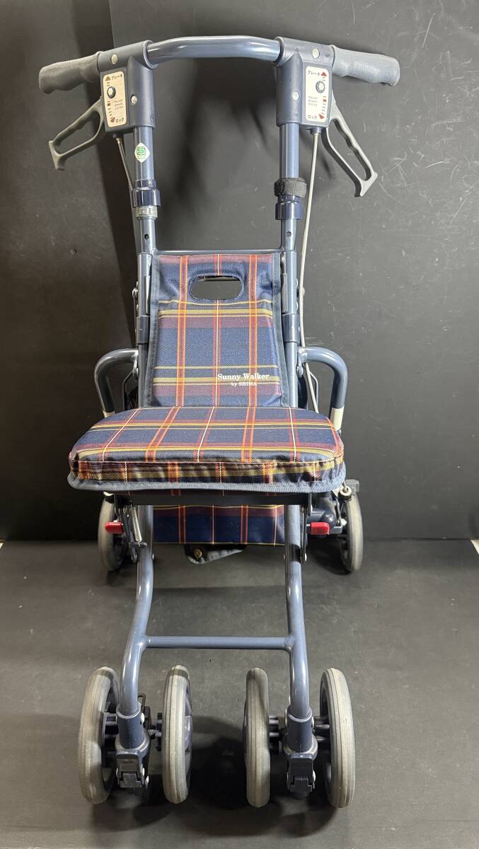 ★格安出品 シルバーカー サニーウォーカー SP(小) 重量約4.8㎏ 手押し車 ブルー 幾何学柄 高齢者 歩行器 介護 歩行介助 現状品 Au875