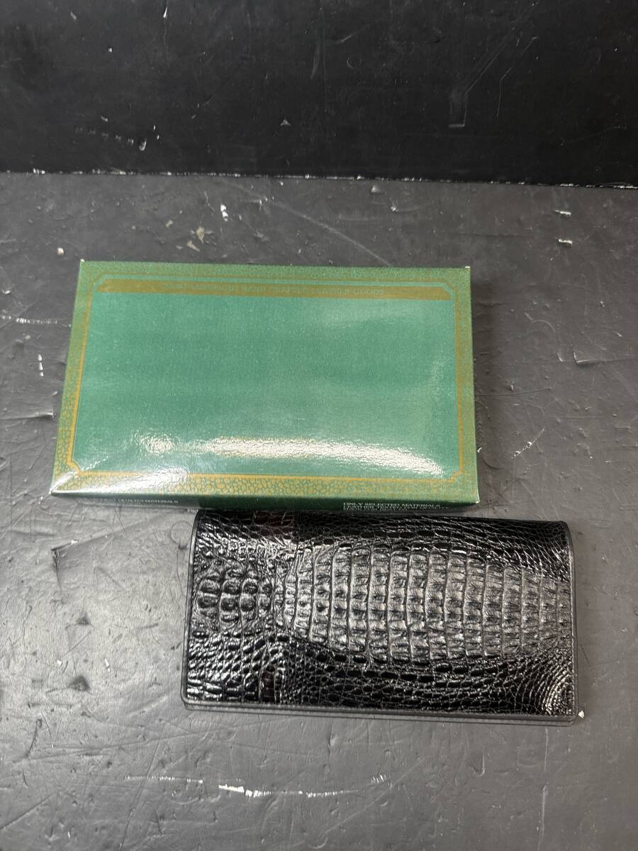 ★コレクター必見 未使用品 CROCODILE 長財布 クロコダイル ワニ革 黒 レザー さいふ お札 小銭 カード 現状品 Au844