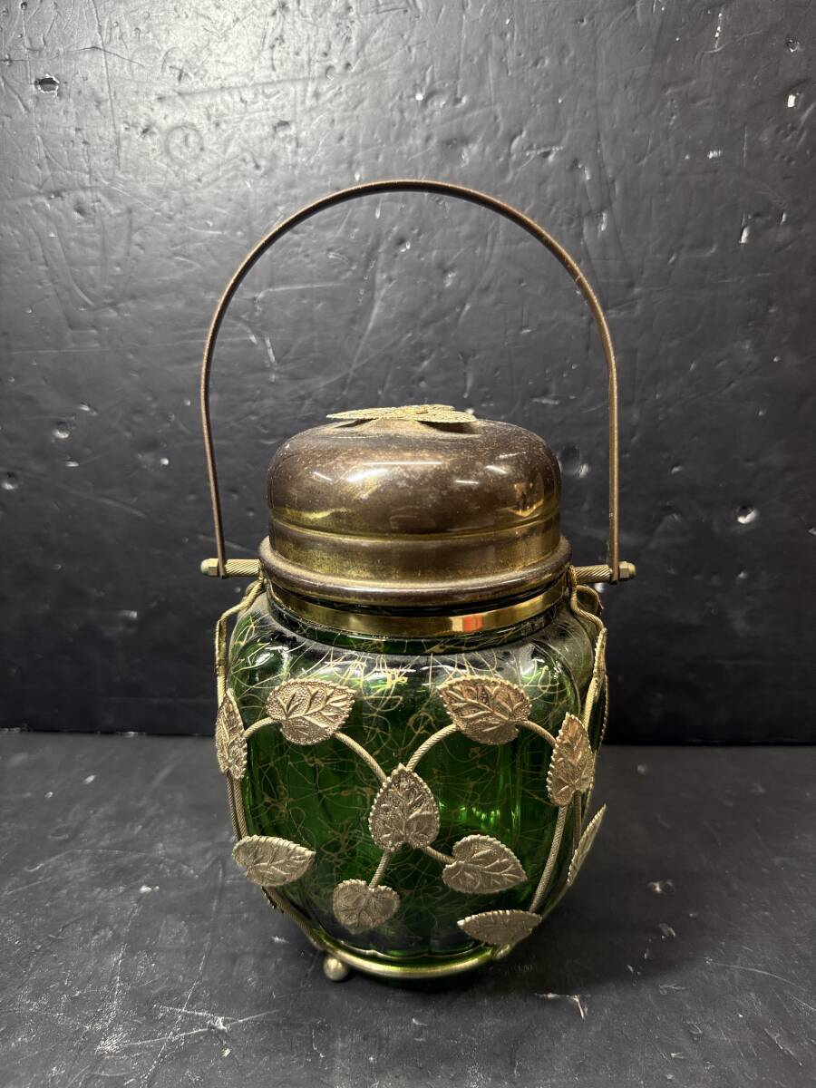★コレクター必見 ビンテージ キャンディポット オルゴール付き ガラス×金属 グリーン 入れ物 置物 コレクション 現状品 Au932