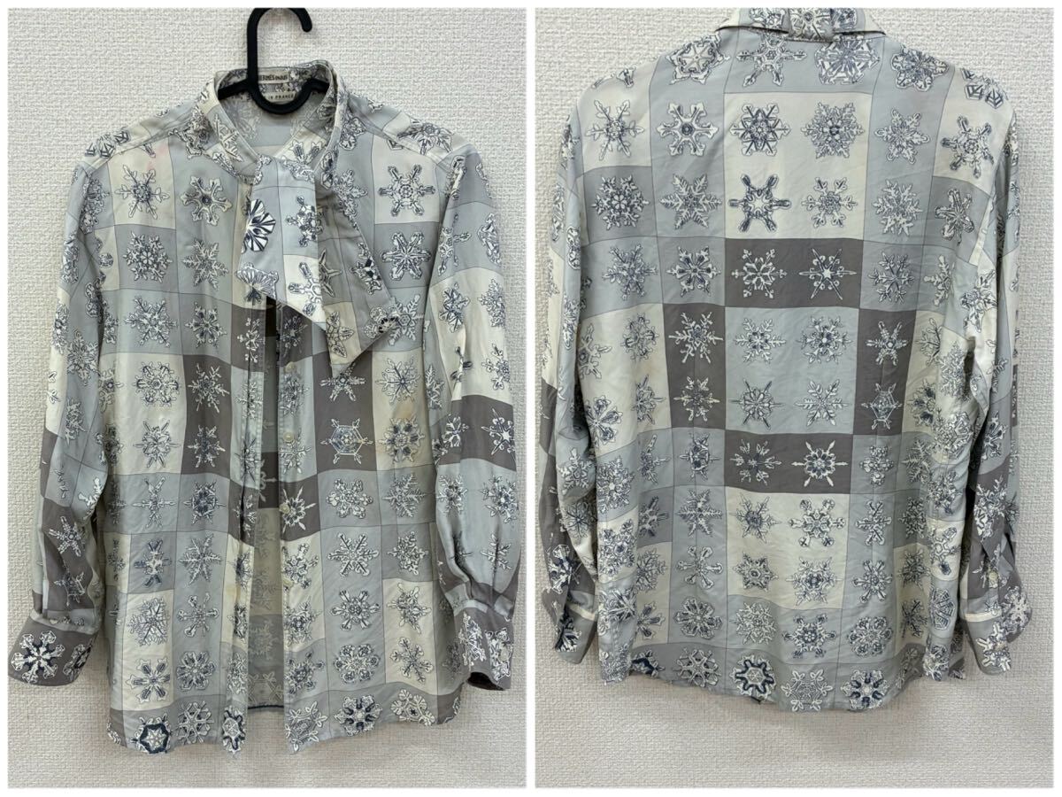 H【12E93】 エルメス HERMES マルジェラ期デザイン エルメス 「FEUX DE L'HIVER （冬の火） シルク長袖シャツ 中古品
