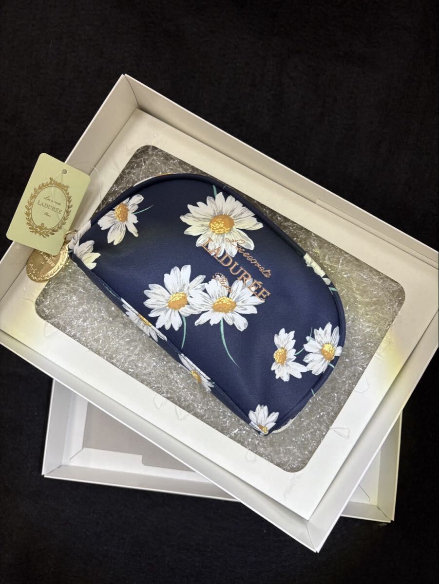 S【10E110】LADUREE ラデュレ ポーチ ネイビー マーガレット柄 花柄 箱入り 美品 花柄ポーチ 花柄