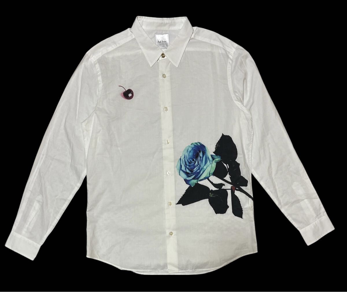 送料無料 ○ Paul Smith ポールスミス ○ チェリー 薔薇 バラ ローズ フラワープリント 長袖 ボタンシャツ ドレスシャツ ホワイト L