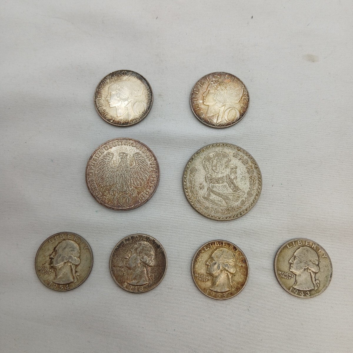 【S2/5E2】外貨 銀貨 クォーターダラー4枚　10SCHILLING2枚　1972年OP1枚　1ペソ銀貨1枚 総重量約71g