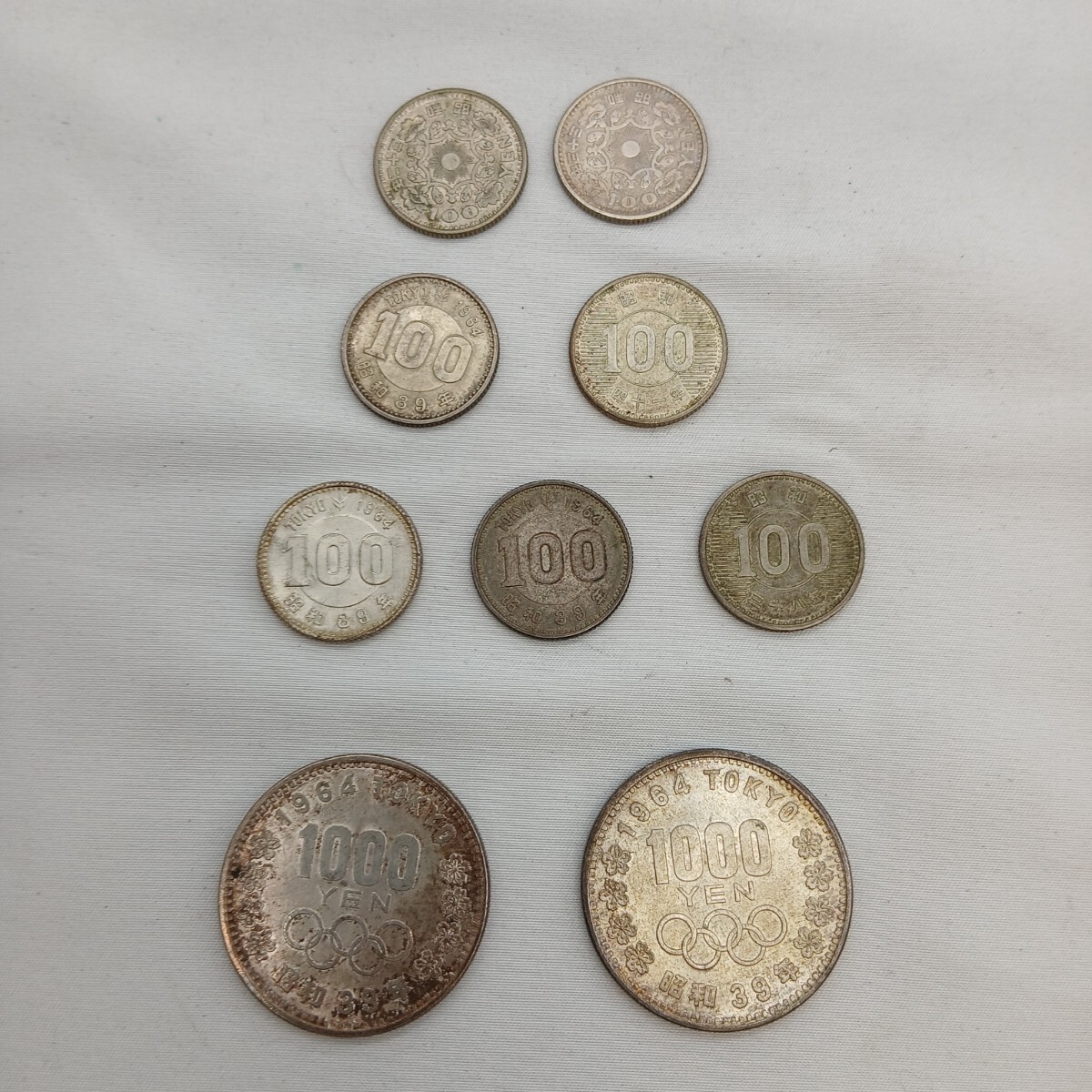 【S3/2KB3】 銀貨 まとめ 1000円銀貨 ｘ2 / 100円銀貨 ｘ7 / 東京オリンピック 稲穂 鳳凰 日本 硬貨 記念硬貨 古銭 千円 百円