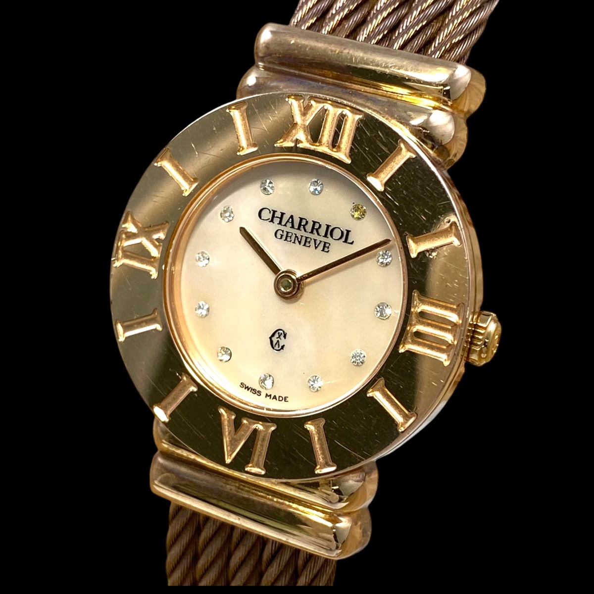 2603T019 CHARRIOL シャリオール 028R サントロペ レディース腕時計 動作品 クォーツ 2針 ラウンド 12P 石付 シェル文字盤