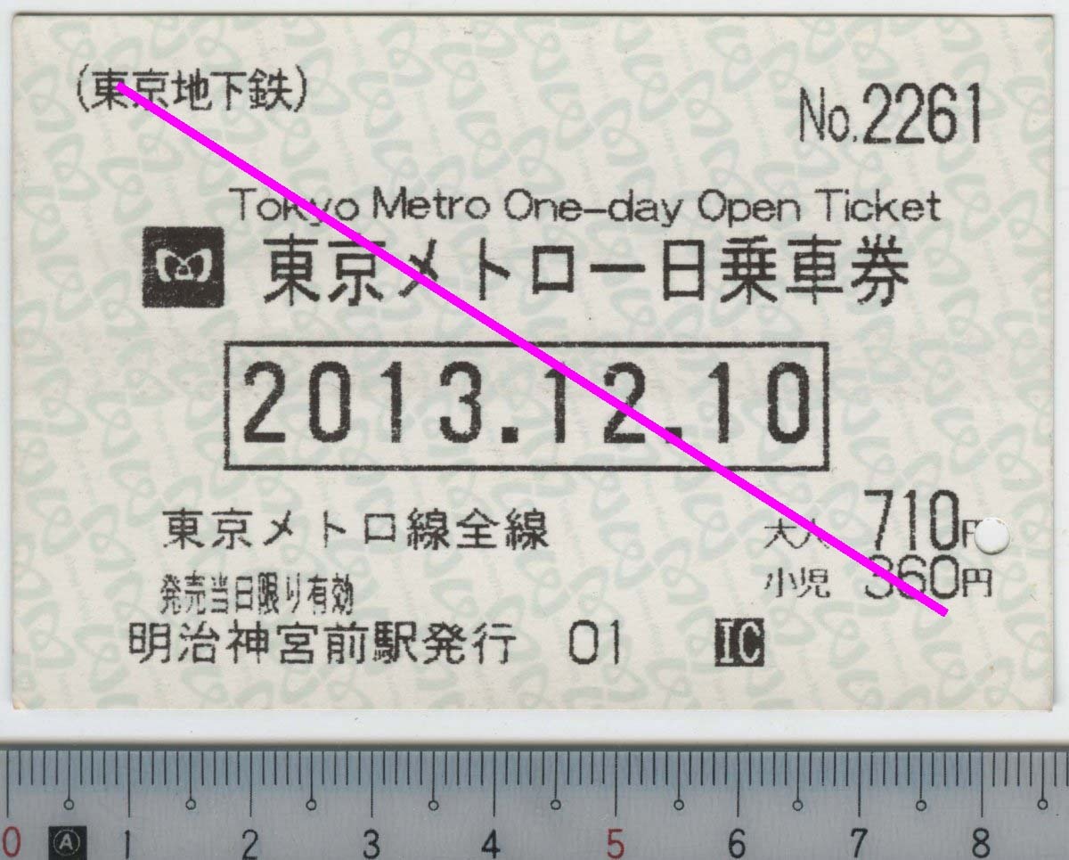 東京メトロー日乗車券 2013.12.10 東京地下鉄★85mm 磁気券 明治神宮前駅発行 01 No.2261 (管263)