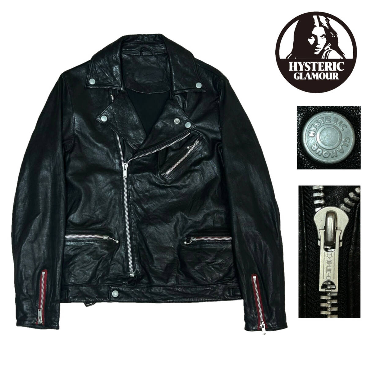 【極希少】美品!! HYSTERIC GLAMOUR ヒステリックグラマー ラムレザー ダブルライダース サイズM 本革 羊革 ライダースジャケット