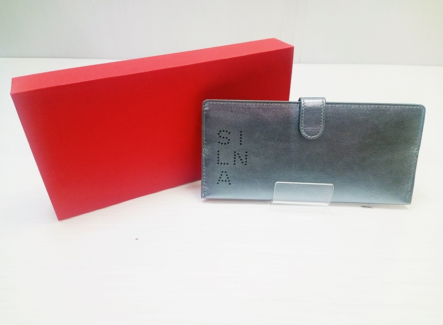 下松)【未使用】SILNA シルナ ロングウォレット 長財布 レザー 牛革 極薄長財布 シルバー系 ◆N2603057 PC15A