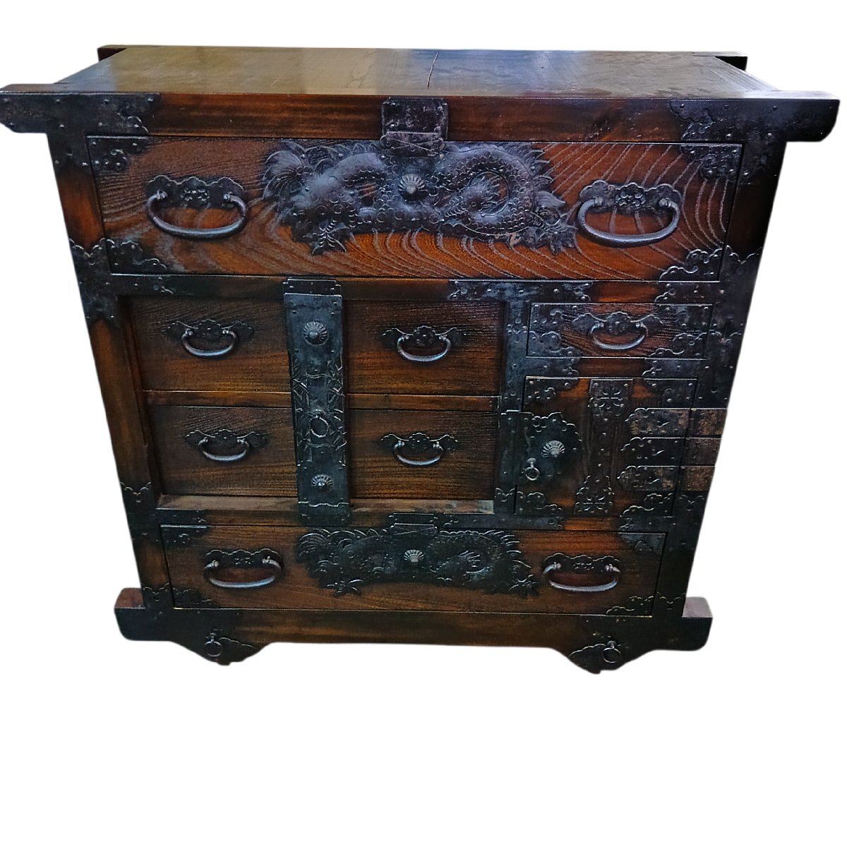 引-A068 ♪Y 大阪 引取限定 金属装飾 日本 伝統的 民芸家具 時代箪笥 アンティーク 民芸品 工芸品 和風インテリア 中古