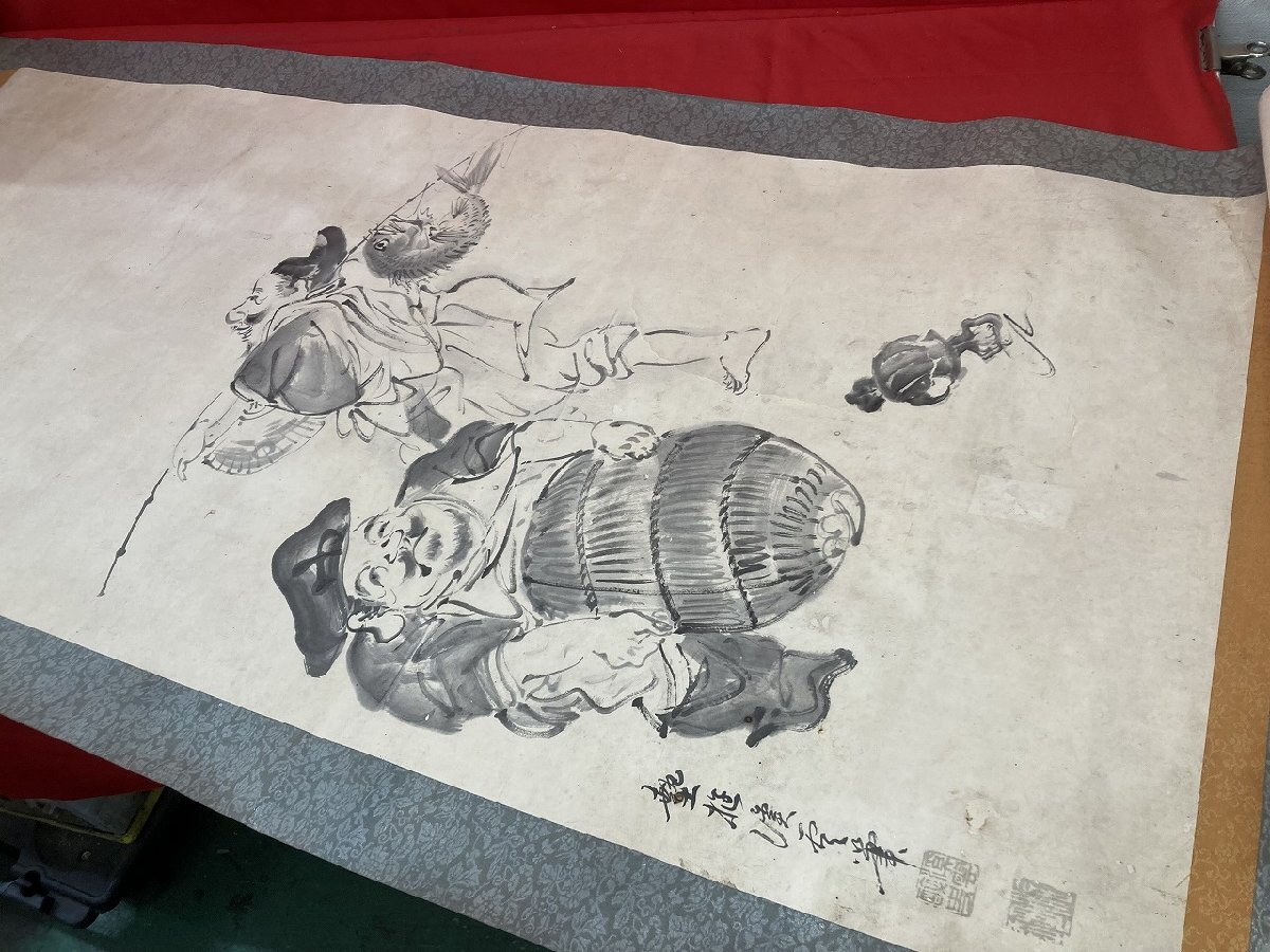 03-17-411 ●W【送料無料】作者不明 掛け軸 掛軸 水墨画 大黒天 恵比寿 茶道具 茶掛け 日本画 約195㎝ 中古品