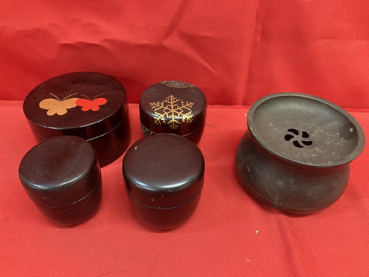 03-17-408 ●W【送料無料】アンティーク レトロ 銅製 茶こぼし 建水 棗 なつめ 茶道具 京漆器 久美皿 銘々皿 まとめ売り 中古品