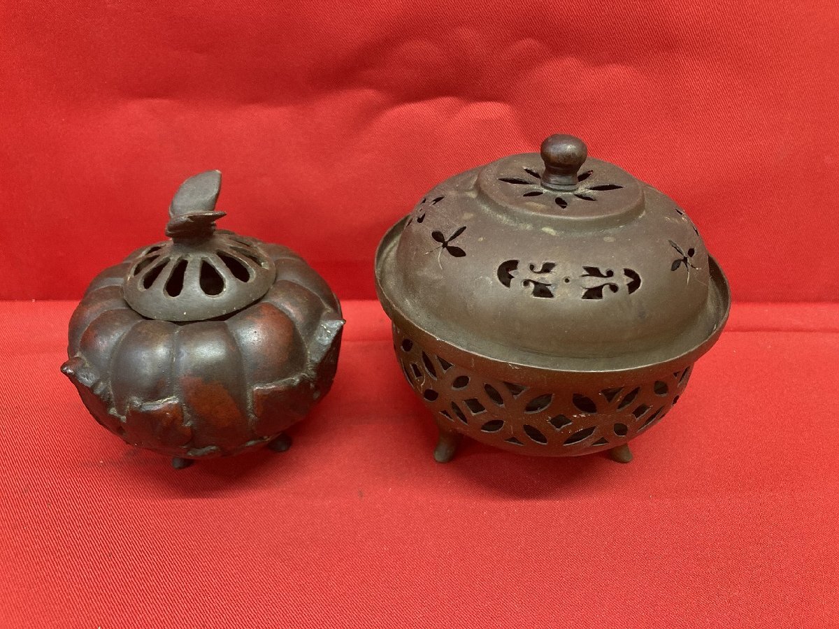 03-17-415 ●W【送料無料】アンティーク 金属工芸 銅銅 香炉 共箱なし 三足香炉 香道具 茶道具 2点 中古品