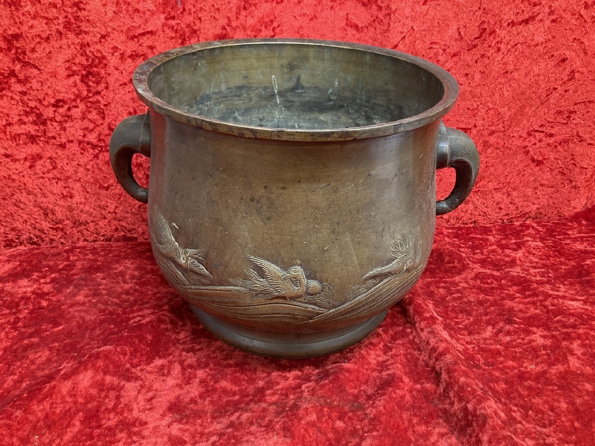 03-17-525 ●W【送料無料】アンティーク レトロ 銅製 火鉢 鶴? 古民具 古道具 約3.1㎏ 中古品