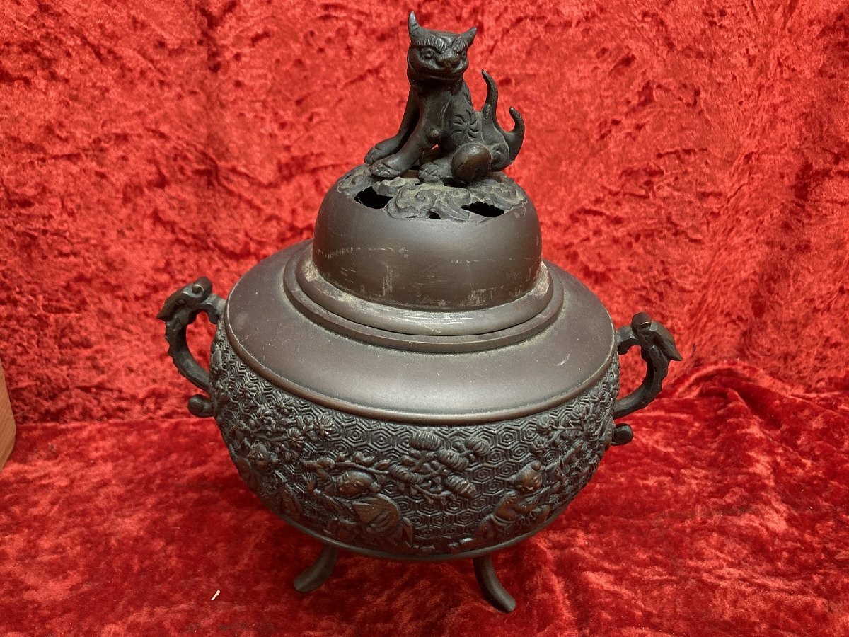 03-17-501 ● W【送料無料】アンティーク 古物 鋳銅香炉 獅子蓋 座名 善祐刻印 金属工芸 古道具 古美術 共箱 中古品