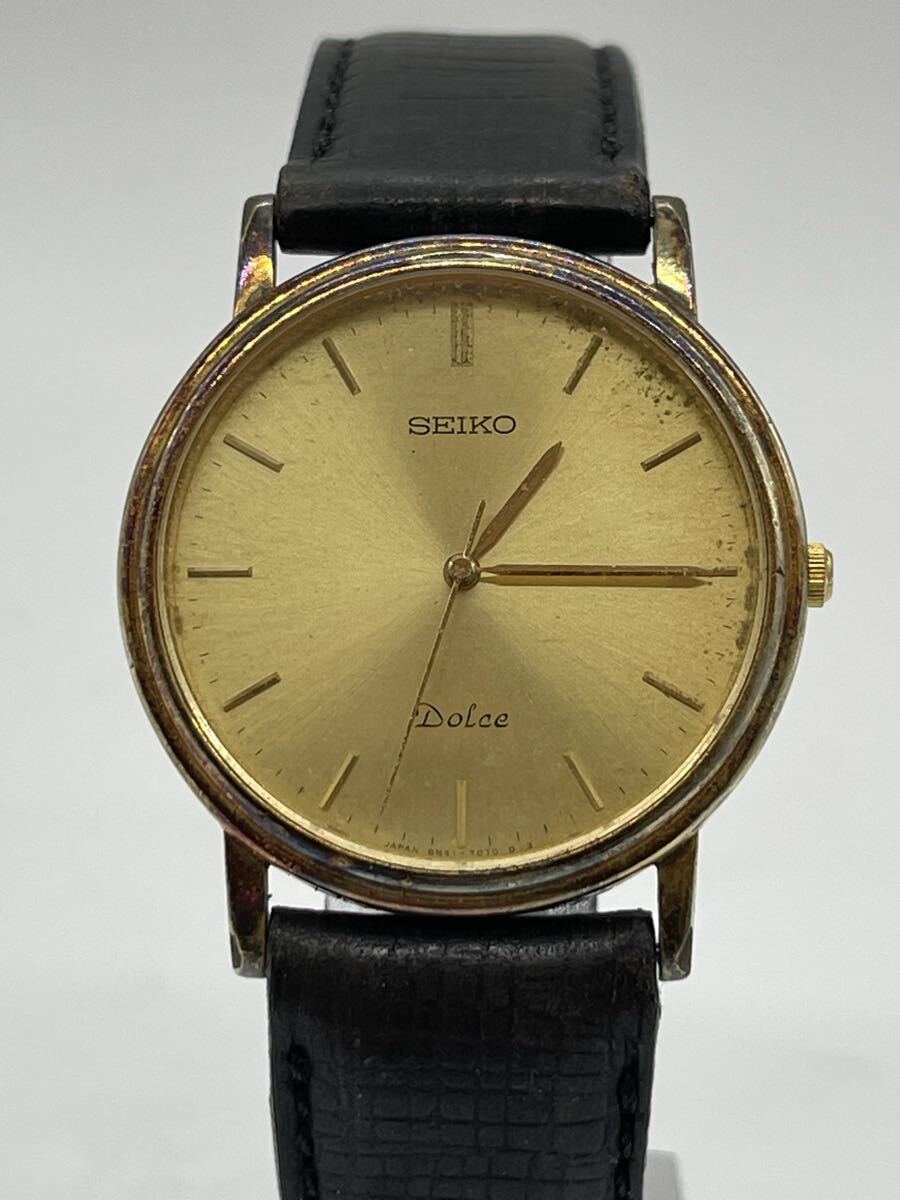 1円スタート SEIKO Dolce 8N41-7030 メンズ腕時計 ゴールド文字盤 クォーツ 未稼働 現状品 セイコー