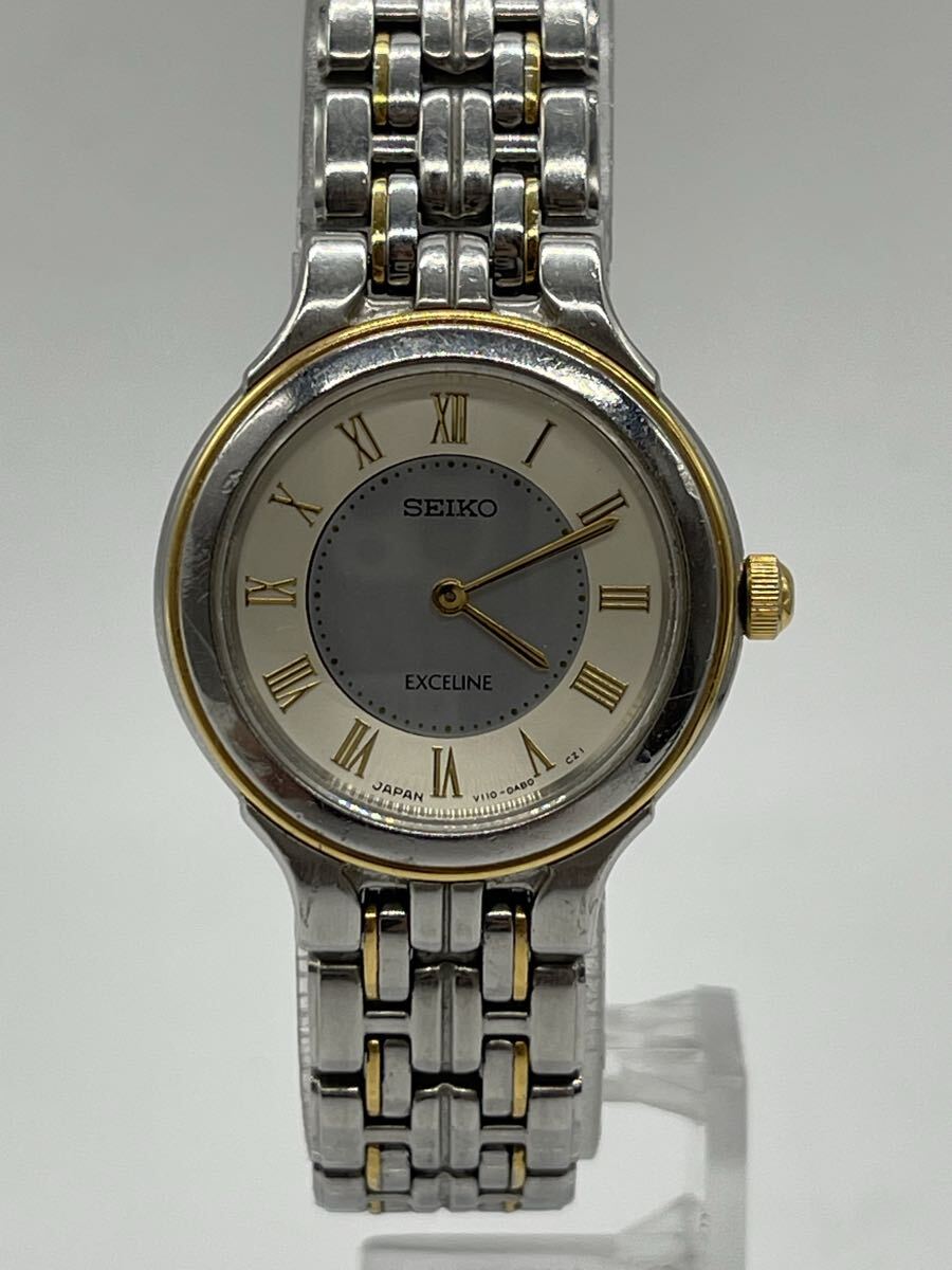 1円スタート 稼働 美品 SEIKO EXCELINE V110-0AA0 レディース クォーツ コンビ ローマン文字盤 腕時計