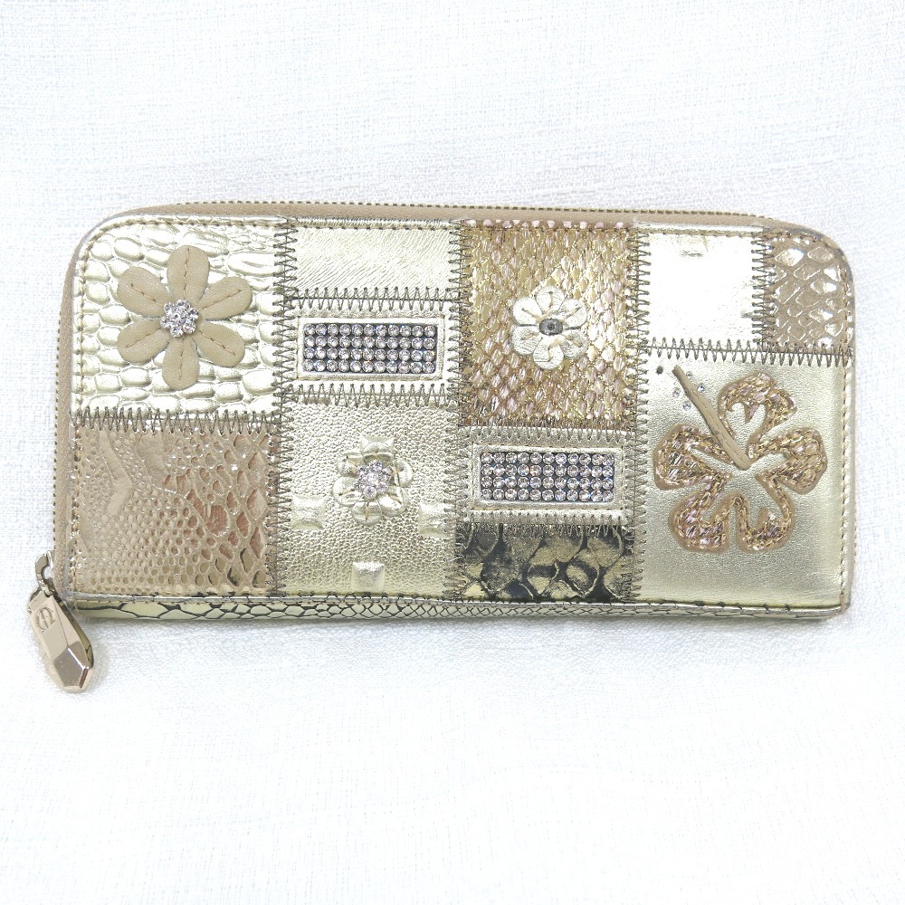 Hn471101 長財布 MICHELANGELO　財布　ラウンドファスナー　パッチワーク　#ゴールド 中古