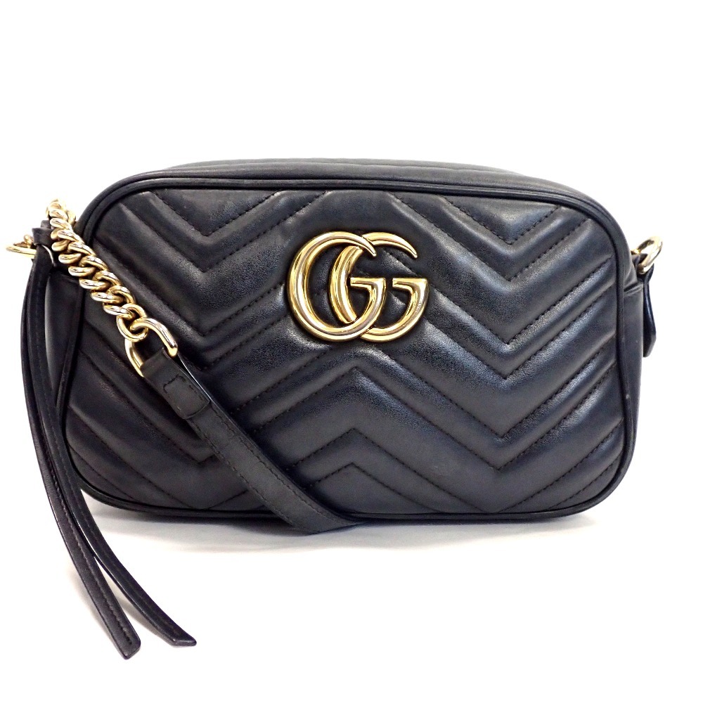 Th1010541 グッチ GGマーモント スモール カメラバッグ 447632 本革 ブラック系 ショルダーバッグ レディース GUCCI 中古