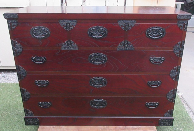 ☆美品☆鍵付き 吉野民芸 天然ケヤキ 欅 金具付き 様式 車箪笥 大小引き出し ４段チェスト 古民具 整理タンス 和風家具 