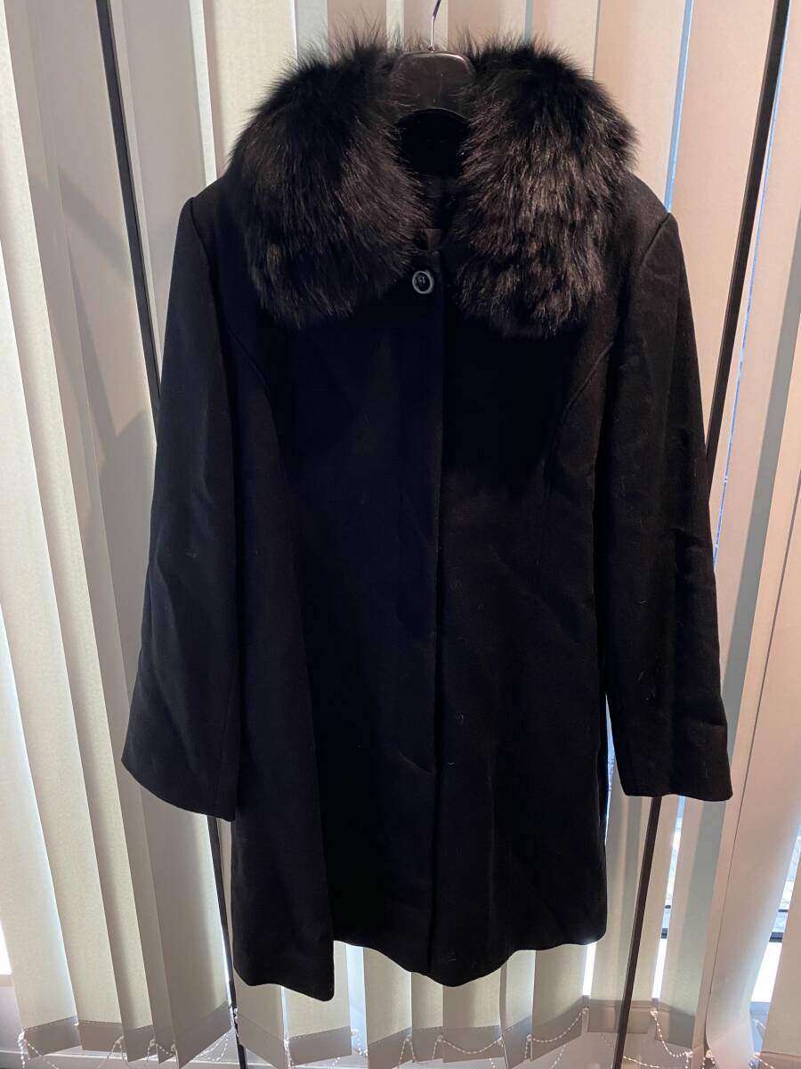 A-17-13【八】ブルーフォックス ファー 毛皮 カシミヤ15％ コート アウター ブラック 冬物 着丈約90cm Lサイズ レディース ファッション