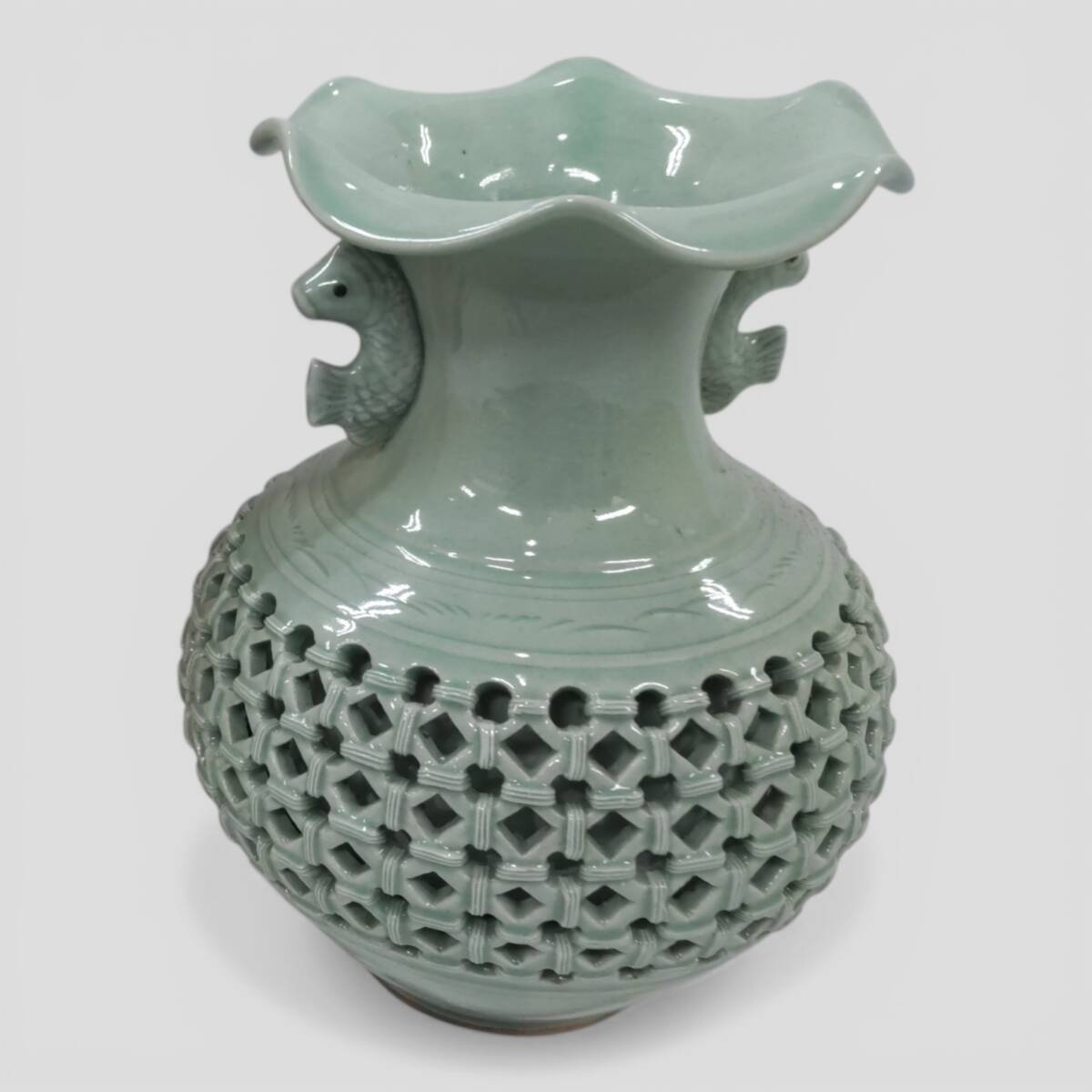 ◎古美名品◎青磁花瓶 峰鶴窯 安峰鶴作 新高麗陶磁器 共箱 高さ:約24ｃｍ 即発送