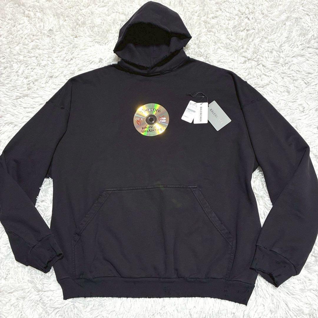 BALENCIAGA【未使用タグ付!!!弩級のXXXL相当!!!】バレンシアガ プルオーバーパーカー CDダメージ加工◎最高峰ラグジュアリー◎黒 ブラック