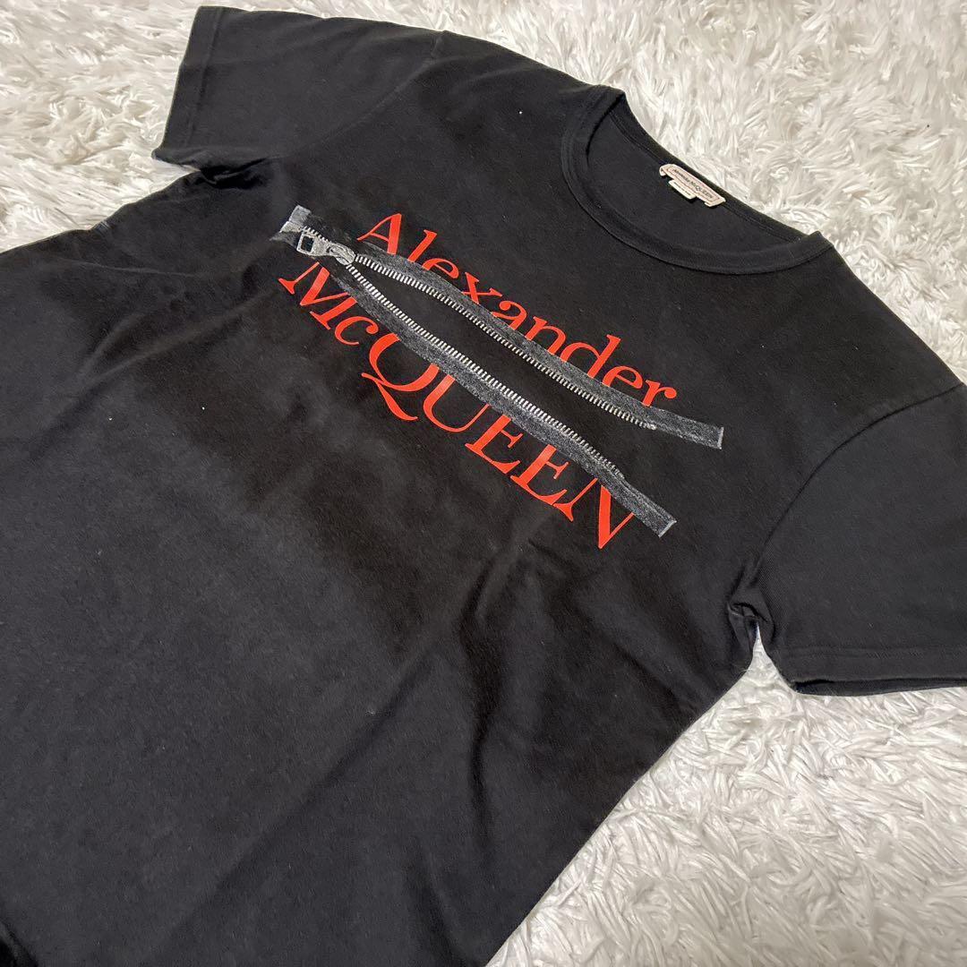 ALEXANDER McQUEEN【ラグジュアリーの象徴!!!】アレキサンダーマックイーン Tシャツ デカロゴ ZIP COTTON JERSEY 黒 ブラック L相当