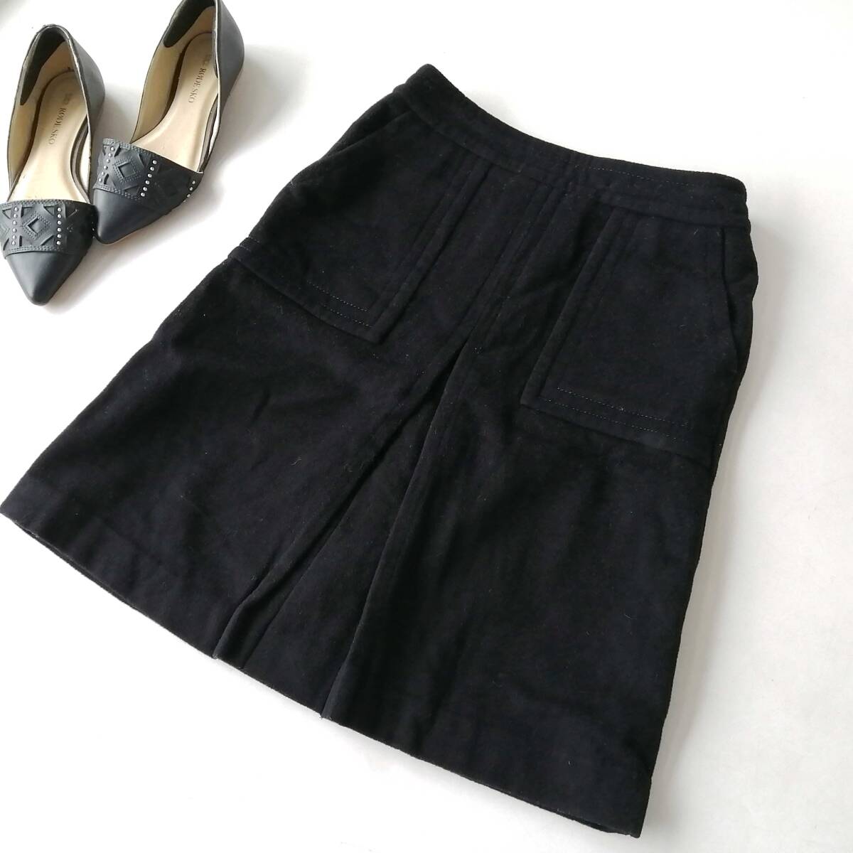 TOMORROWLAND トゥモローランド レディース♪ウールスカート サイズ36 ひざ丈 黒 260305ng【4点同梱で送料無料】