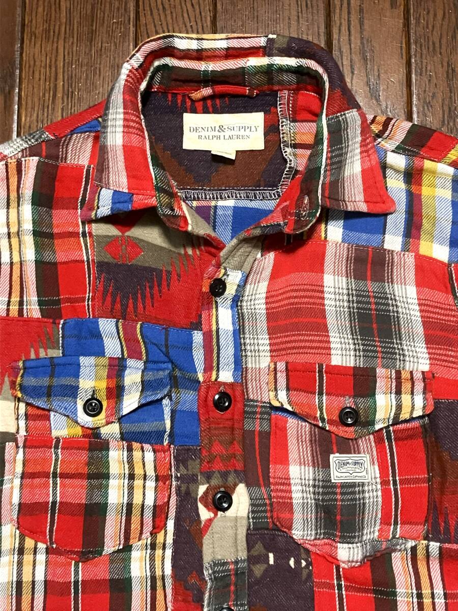 デニム＆サプライ DENIM&SUPPLY ラルフローレン RalphLauren パッチワーク 長袖 ネルシャツ ＸＳ チェック ネイティブ クレイジー ＲＬ