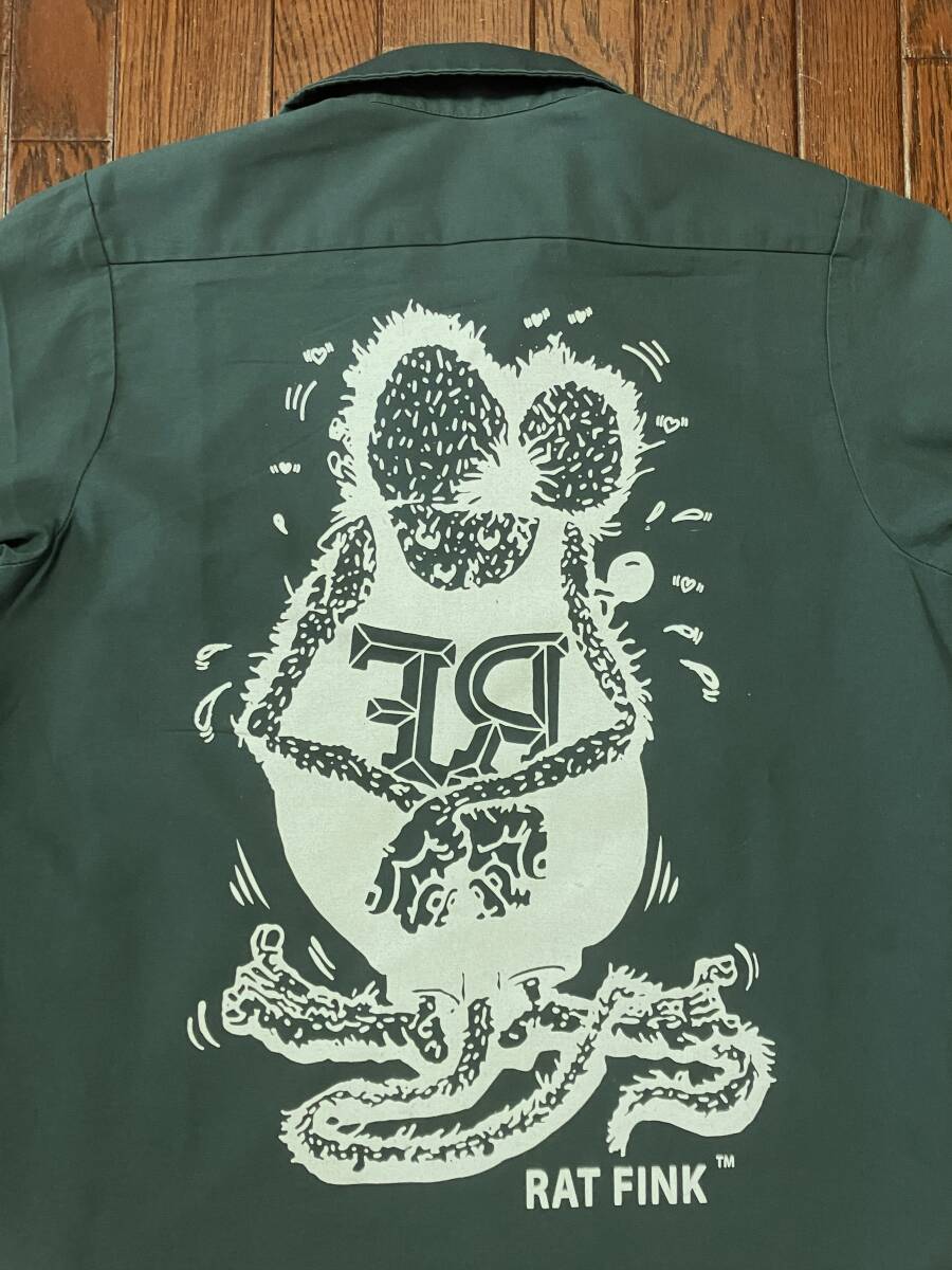 USA製 UniFirst ユニファースト RAT FINK ラットフィンク プリント 長袖 ワークシャツ M 濃い緑 グリーン ホットロッド アメリカ製