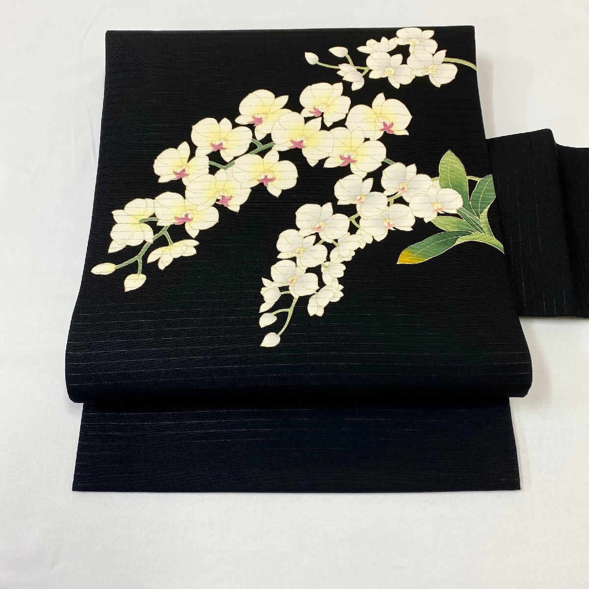 着物月花 手描き友禅 絽塩瀬 胡蝶蘭 ９寸夏名古屋帯 未使用品 お太鼓柄 正絹 夏帯 tob619