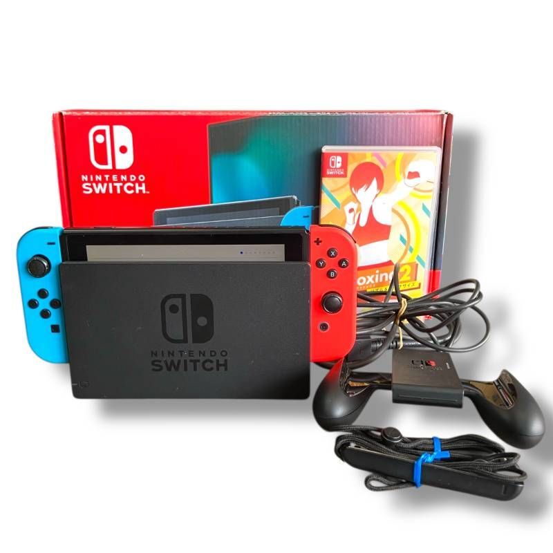[80/D3-54/251222/8402/328/KT1500]【通電確認済み】任天堂 SWITCH スウィッチ 本体 箱付き フィットボクシング2 ソフト ゲーム ゲーム機