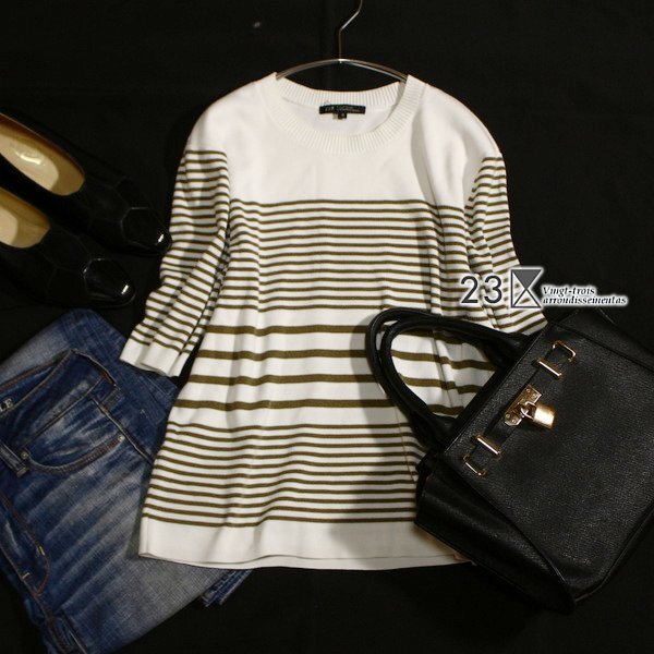 美品 オンワード樫山 23区 大人可愛い コットン混紡 ストレッチ ニット プルオーバー 38号 M 春 夏 26D02