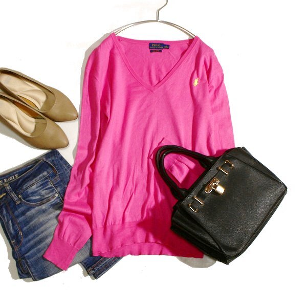 美品 POLO RALPH LAUREN ポロ ラルフローレン ピマコットン 100％ 綺麗色 ニット プルオーバー S 春 秋 ピンク 26D03