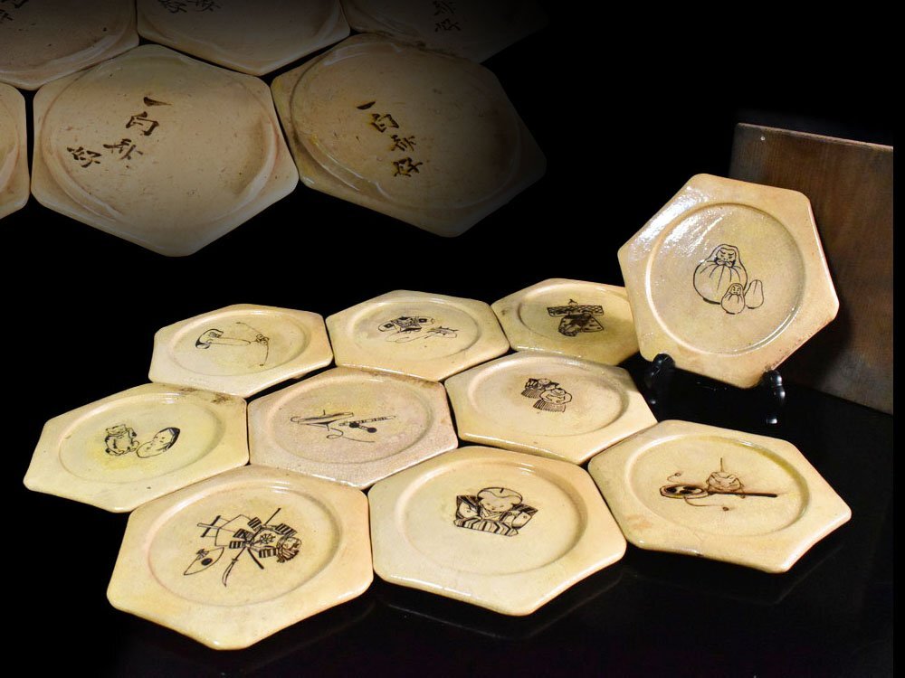 【雲】某収集家放出品 古清水 縁起物 絵付 六角皿 10客 一向斎 古美術品(懐石料理道具)Y8737 LTfgre