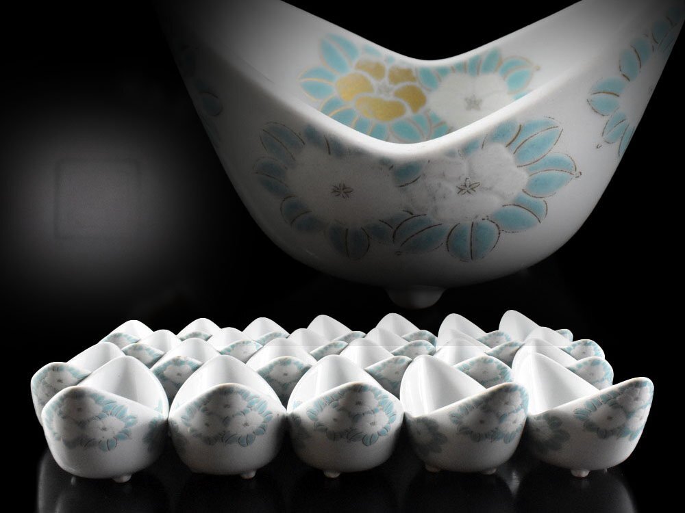 【雲】某有名資産家買取品 清水 色絵金彩花絵付 向付 24客 8×12×7.3cm 古美術品(懐石料理道具)CY824 LTsopc