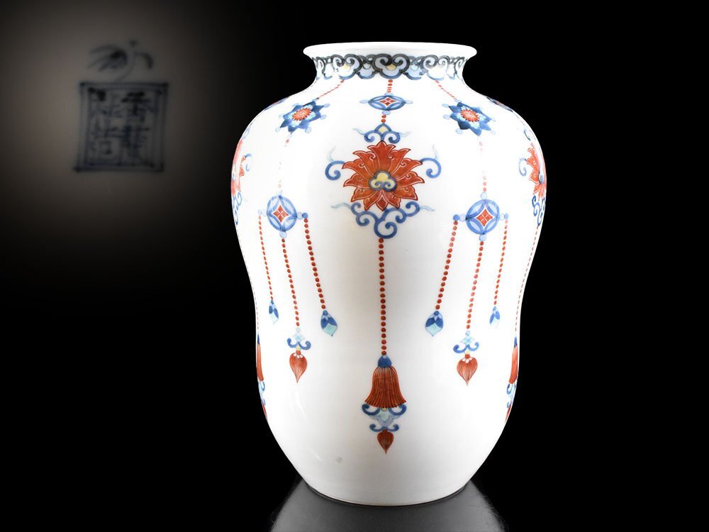 【雲】某収集家買取品 希少 オールド香蘭社 染錦花唐草紋花瓶 飾壺 高さ26cm 古美術品(花器花入深川製磁)DY2560 UThbns CTCbgkjs