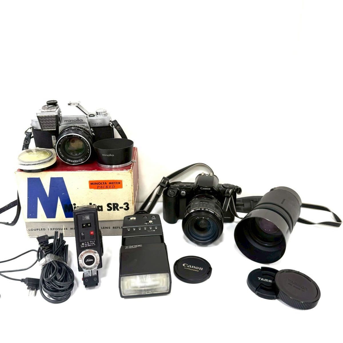 【ジャンク品】カメラ レンズ まとめ ミノルタ キャノン タムロン SR-3 EOS Kiss フィルムカメラ フラッシュ IT0Q48GKT08O L0309