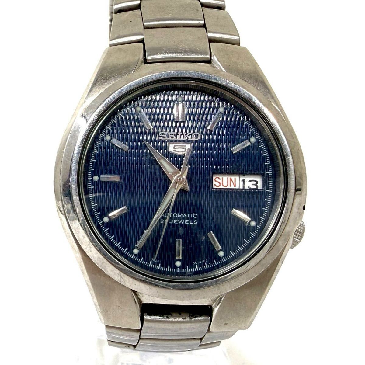 【稼働品】SEIKO 5 セイコー ファイブ 7S26-02F0 メンズ 腕時計 自動巻き 裏スケルトン 21石 ブルー文字盤 デイデイト ITPEBQA1BHFO B0309