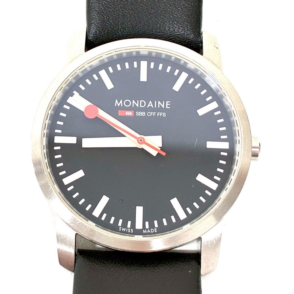 【ジャンク品】MONDAINE モンディーン メンズ 腕時計 30351 SS ブラック文字盤 3針 クオーツ 時計 純正 革ベルト ITXGCNWU85W0 B0309