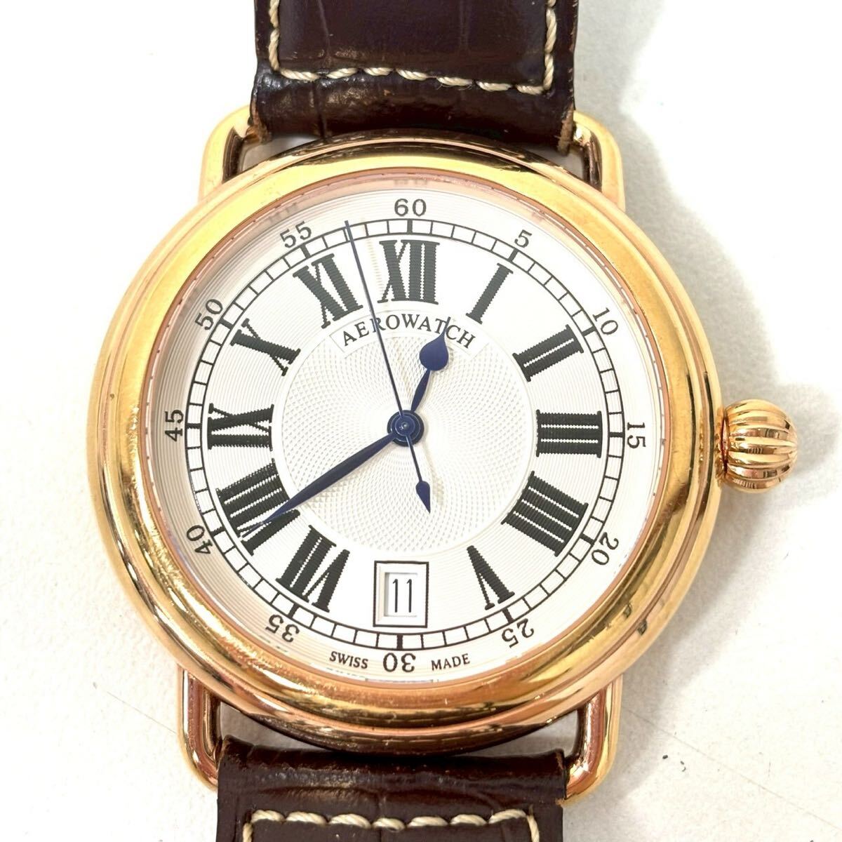 【稼働品】AEROWATCH アエロウォッチ 60900-2 メンズ 腕時計 自動巻き 3針 デイト 革ベルト ゴールド ITMBYLXMN3T0 B0316