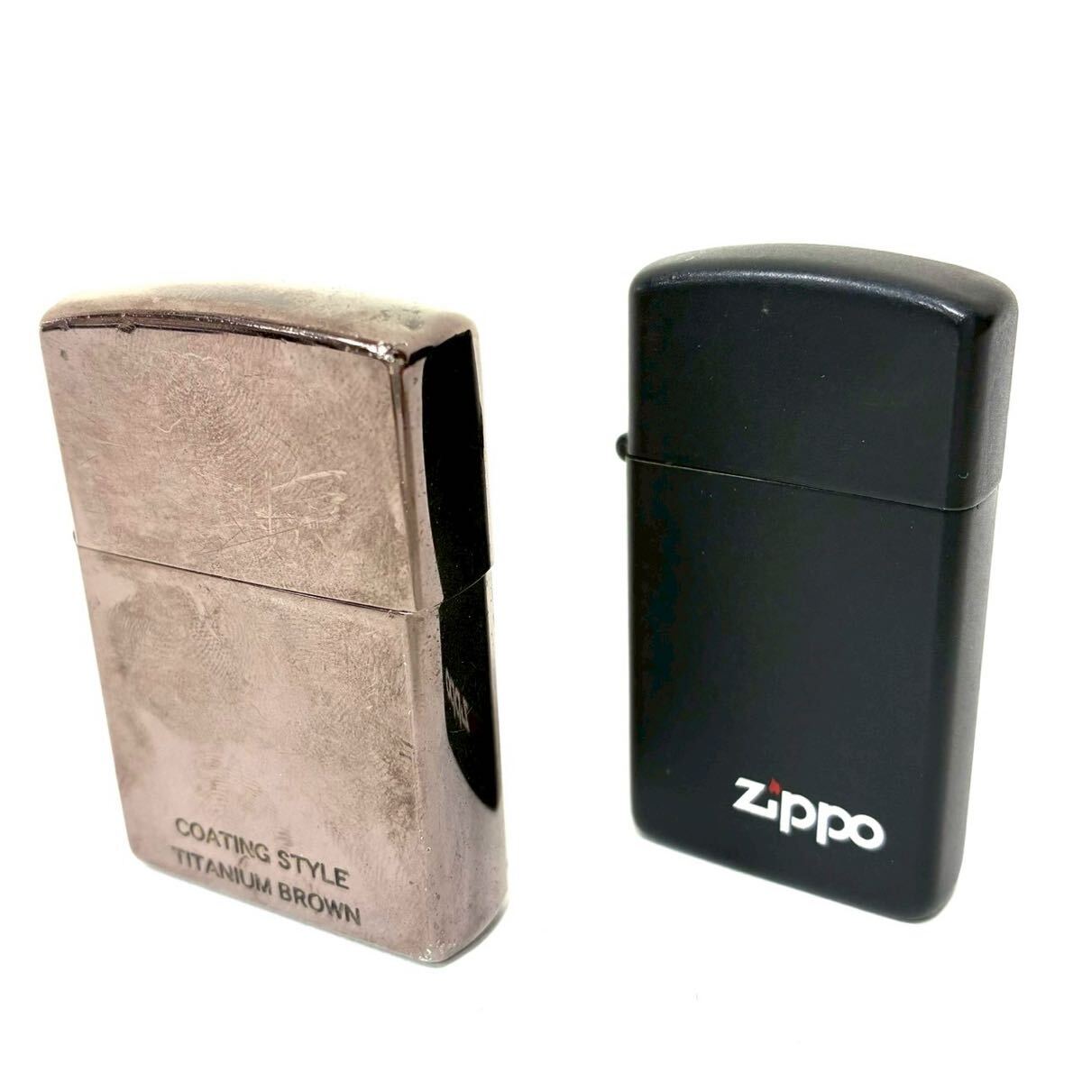 【着火未確認】Zippo 2点 まとめ ジッポ チタンコーティング ブラウン レプリカ ブラックマット エボニー 喫煙グッズ ITD5ZVTCPRIH E0309