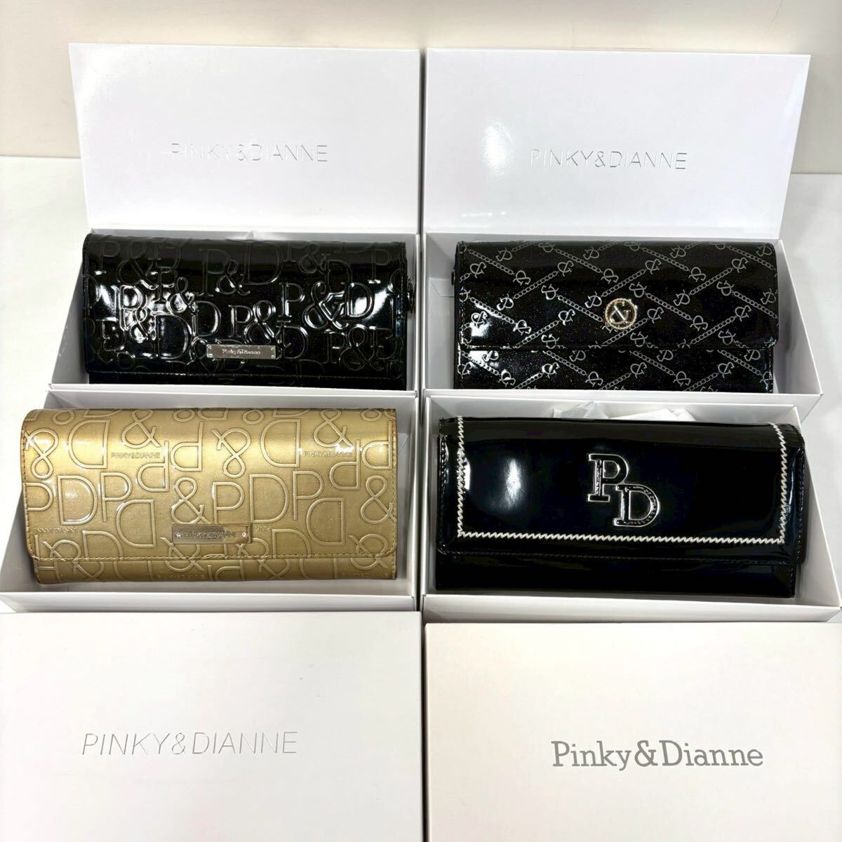 4点まとめ Pinky&Dianne ピンキー&ダイアン かぶせ長財布 財布 エナメル ギャラクシー ロゴ 総柄 ブラック ゴールド ITYMF9NQC5B0 I0323