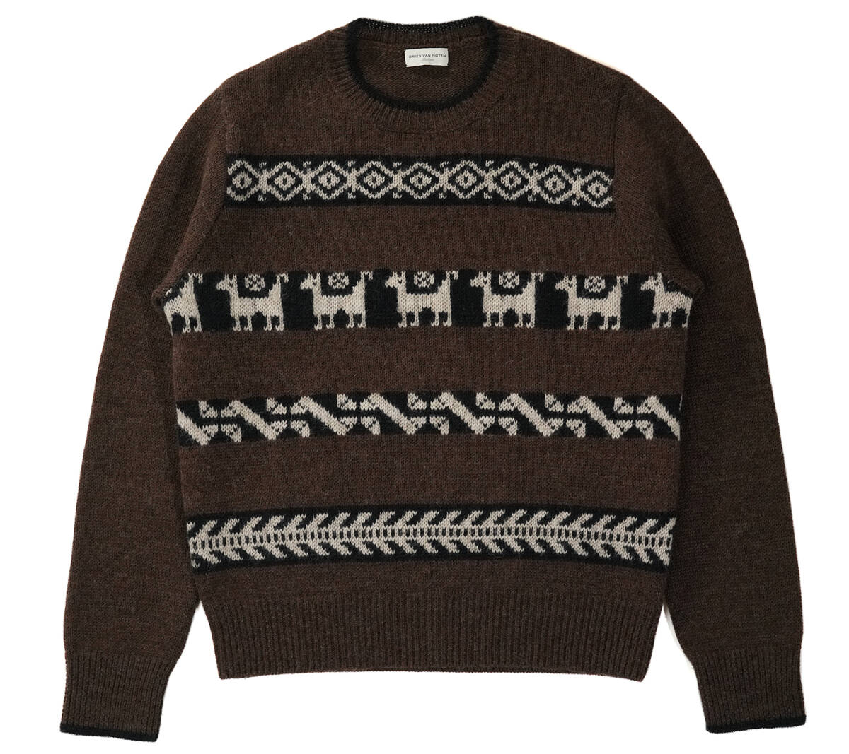 「 ベルギー製 2017AW DRIES VAN NOTEN ペルーデザイン アルパカモチーフ ジャガードニット ブラウン 」ドリスヴァンノッテン MEDIUM 