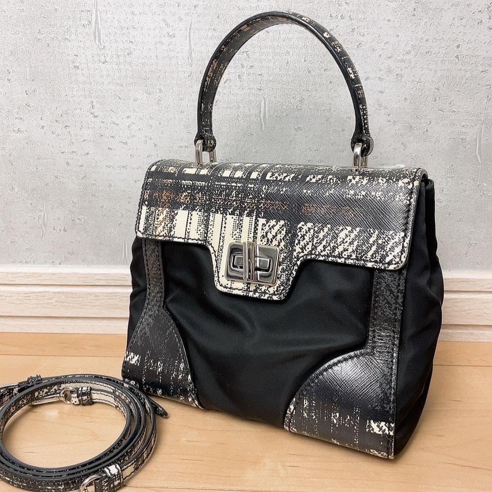 PRADA プラダ サフィアーノ テスート ハンドバッグ ショルダーバッグ 2way ブラック 黒 チェック柄 1BA014 TESSUTO＋SAFFIAN BIANCO DIS.T