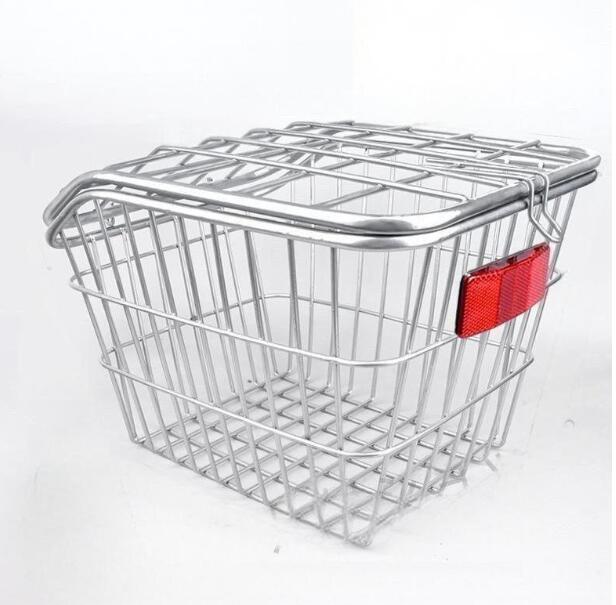 人気品 自転車用カゴ リアバスケット 後ろカゴ リアかごフタ付き 蓋 ふた 荷台設置荷物買い物通勤通学スチール大容量固定式けシルバー