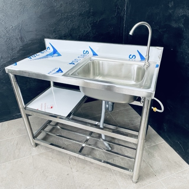 未使用保管品 花丸優品 ステンレス 簡易流し台 三段式 100-B1 ガーデン シンク 約 100×50.5×90? 屋外 蛇口付き / 70300