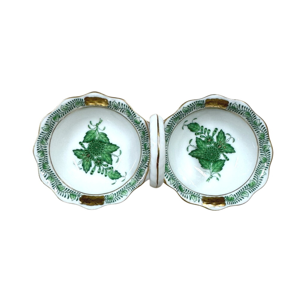 HEREND ヘレンド 253 ジャムマーマレード オープンソルト インドの華 お皿 ツインディッシュ アポニーグリーン 陶器 食器 ホワイト