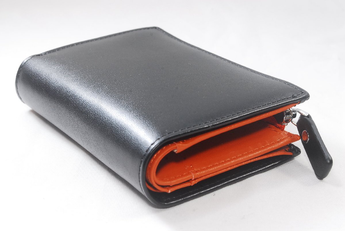 新品未使用品 艶のある二つ折り財布 黒 オレンジ メンズ レディース 小銭入れ カードケース ポケット RFID盗難防止